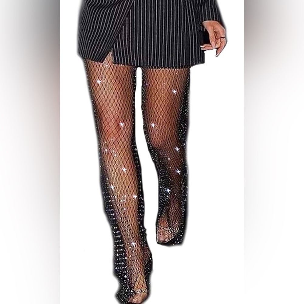 Black rhinestone-studded fishnet pants